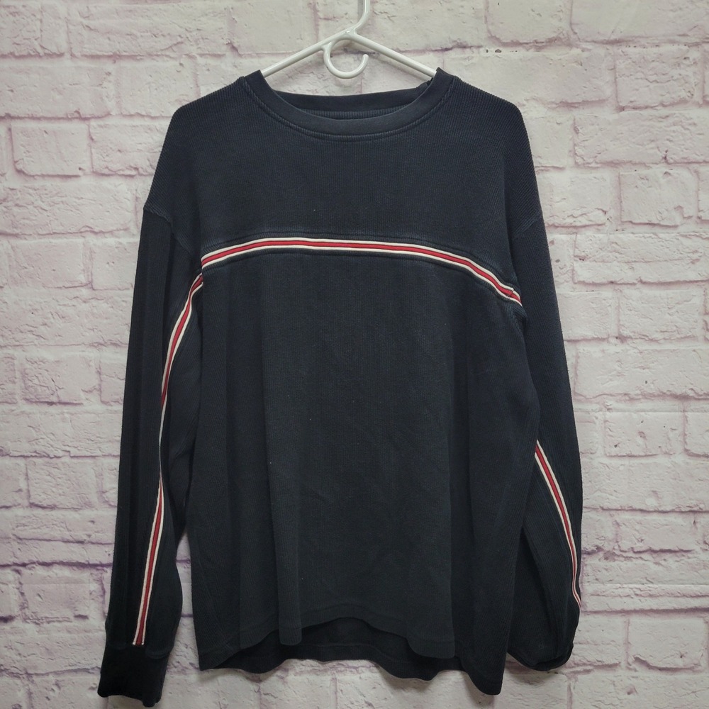 Point Zero Waffle Knit‎ Long Sleeve Shirt XL Black Stripe Streetwear Grunge Y2K